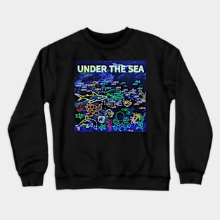 under the sea,blue sea,sea creatures,Turtle, puffer fish, starfish, shrimp, shark, tropical fish, sea horse, seaweed, sardines, squid, crabs, clams Crewneck Sweatshirt